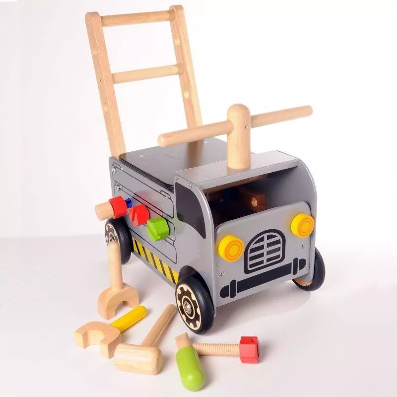 Chariot de marche porteur pousseur en bois Camion Construction I'm Toy, Chariot bébé